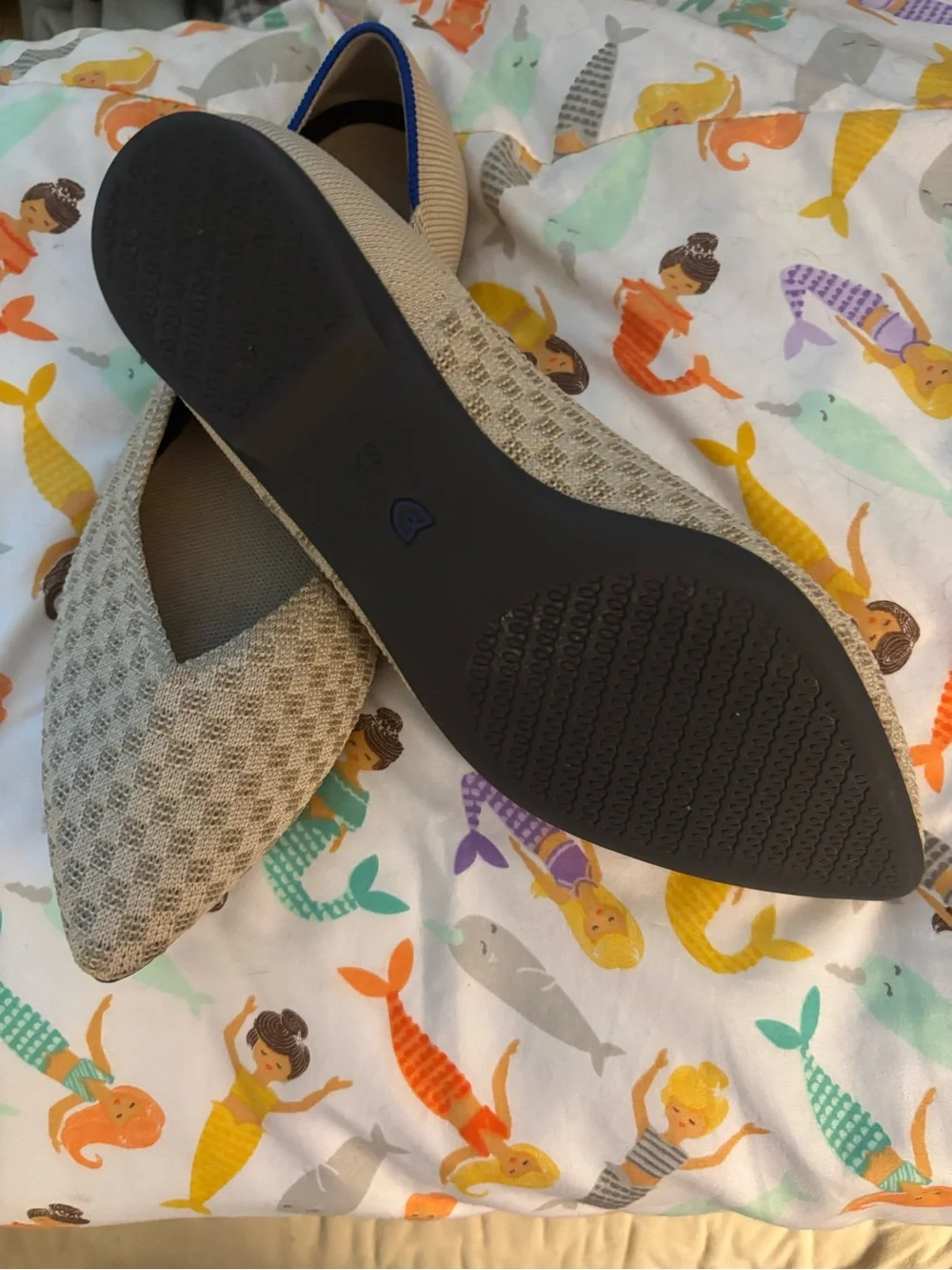Rothy's Pointed Toe Flats in Beige with Blue Trim